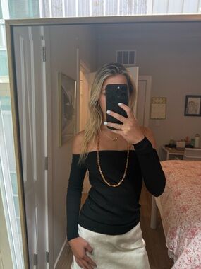 Enza Costa Black Off-the-Shoulder Ribbed Knit Sweater